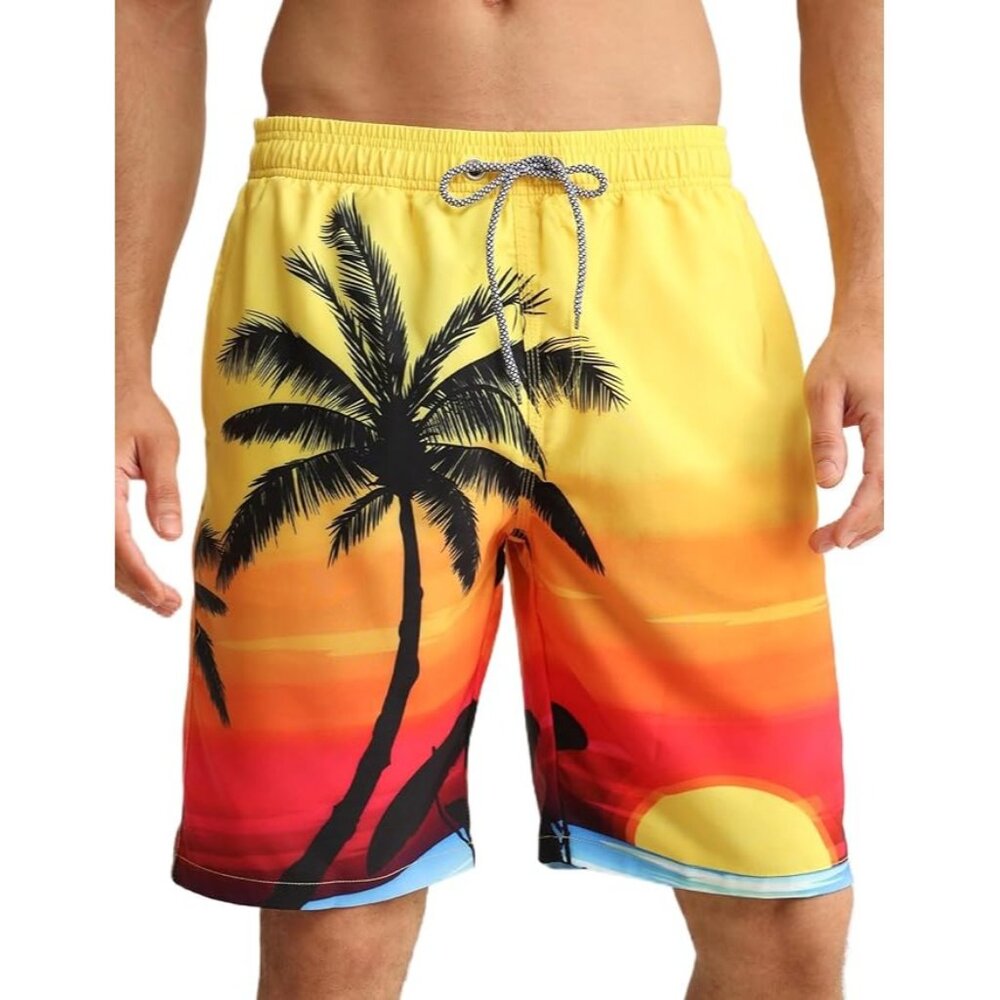 Aptro Mens Sunset & Palm Tree Orange Swim Trunks Size 3XL Elastic waistband NEW